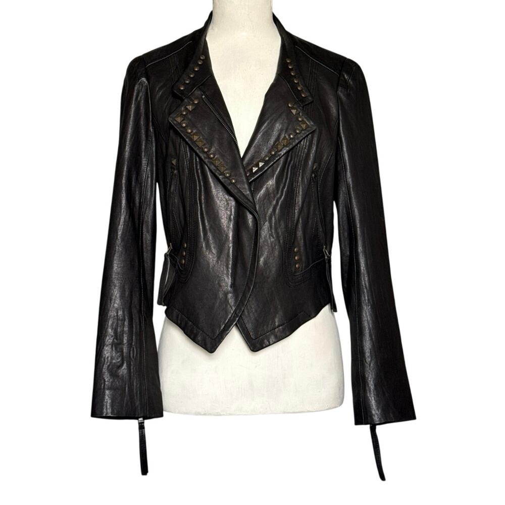 1st Avenue Womens Lambskin Leather Studded Moto Jacket Black Cropped Large EUC - Picture 2 of 16